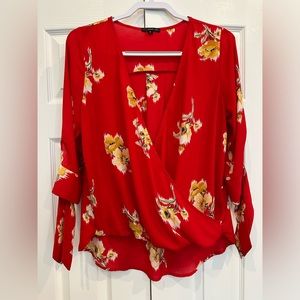 Red Floral Tie Sleeve faux Wrap Blouse